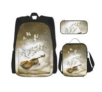 GMSGHJHDR Sac à dos d'école, trousse à crayons et sac à déjeuner, sac à dos de voyage léger, sac à dos primaire pour enfants, adolescents, filles, garçons, étudiants, Papillon et violoncelle, Taille