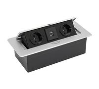 GMSLuu Prise encastrable escamotable pour bureau - 2 prises avec 2 ports USB - Plan de travail avec couvercle - Prise de meuble pliable pour cuisine, bureau, établi (argenté)