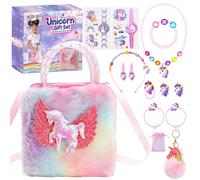 GMUFTIR Licorne Sac a Main Bijoux Enfants Fille, 15 Pièces Sac à Main Licorne, Kit Bijoux Princesse Accessoire, Collier Bracelet Boucles d'oreilles Bagues, Cadeau Fille 3 4 5 6 7 8 Ans