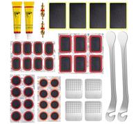 GMUFTIR Rustine Velo, 44 Pièces Kit Reparation Velo avec Rustine Chambre a Air, Demonte Pneu Velo et Lime à Métaux, Kit Reparation Pneu Velo pour Les Chambres à Air de Vélo Motos Caoutchouc Gonflable
