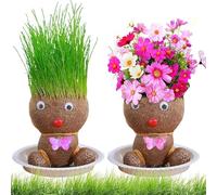 GmwyCzV 2 Pièces Poupées à Tête d'Herbe, Poupée Tête d'Herbe avec Plateau, Mini Bonsaï Anti-Moustique, Plante en Pot pour Enfants, Plantes en Pot pour Chambre, Décoration de Jardin, Jouet Éducatif