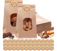 GmwyCzV 25 Pièces Sac Papier Kraft, 17x9x6CM Sacs en Papier avec Fenêtre, Marron Sachets D'Emballage Kraft avec Autocollants, Sachet Krafts Alimentaire pour Emballer Cadeaux Banquet, Biscuits, Bonbons