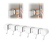 GmwyCzV Accroche Balai Mural, 5 Support et 6 Crochets, Support Balais Mural Sans Percage, Porte Outils de Jardin Mural, Supports de Serpillère, pour Salle de Bain, Cuisine, Jardin, Garage (Blanc)