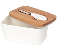 GMYIAK Beurrier avec couvercle en bois, bol à beurre multifonction, récipient à beurre en porcelaine avec couvercle hermétique et couteau à beurre en acier inoxydable, décoration et accessoires de