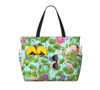 Gnbmvcc Flamingo Love Flowers Sac de plage surdimensionné pour femme Fermeture éclair Sac à main pour femme Voyage, shopping, voyage, piscine