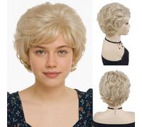 GNIMEGIL Perruque blonde dorée naturelle courte bou coupe pixie perruques avec frange perruque synthétique multicouche pour fille perruque cosplay