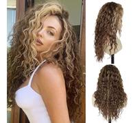 GNIMEGIL Perruque bou marron extra-longue perruque pour femme aux grosses ondulations des années 80, avec mèches blondes, boucles volumineuses, raie au milieu, racines naturelles, en synthétique