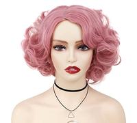 GNIMEGIL Perruque courte rose bou pour femmes blanches Cosplay coiffure courte ondulée aux gros boucles Cheveux en fibres synthétiques Déguisement Costume de drag queen Soirée déguisée