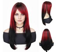 GNIMEGIL Perruques bicolores rouge et noir pour femmes - Perruque synthétique lisse de 66 cm Drag queen, jeux de rôle,cosplay, style gothique, Halloween,fête costumée