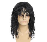 GNIMEGIL Perruques rock pour hommes style années 70,80 perruque longue et bou couleur noire naturelle, pour Halloween ou cosplay, avec frange
