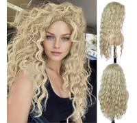 GNIMEGILPerruque blonde bou pour femme, 66 cm de long, perruque synthétique ondulée dorée, résistante à la chaleur, aspect naturel, déguisement d'Halloween pour filles, cosplay