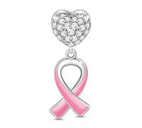 GNOCE Charme de Sensibilisation au Cancer du Sein en Argent Sterling 925 avec Ruban Rose en Émail pour Femmes, Cadeau de Bijoux en Perles pour Elle