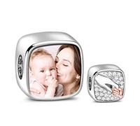 GNOCE Photo Charm S925 Sterling Silver Mother Child Love Bond Photo Charm Perles avec Cubic Zirconia pour Bracelet Collier Cadeau de Bijoux de Noël