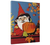 Gnome Automne Impression sur Toile Murale Fantaisie Citrouilles Rouge Orange Décoration de Nain Saisonnier Automne pour Salon Cuisine Bureau sans Cadre 20,3 x 12 Pouces