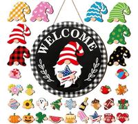 Gnome Welcome Sign - Interchangeable Decor Set | Wooden Seasonal Door Sign with Magnetic Hats | Holiday Porch Wall Garden Decor for Christmas, Halloween, Thanksgiving & Year-Round Outdoor Display