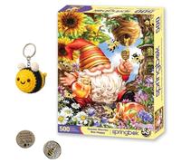 Gnome Worries Bee Happy Coffret cadeau : puzzle de 500 pièces, porte-clés style crochet abeille jaune vif et noir et deux jetons abeilles en métal (pas de soucis, ne vous inquiétez pas, soyez heureux)