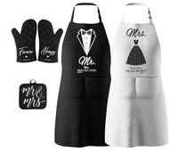 GNVOVIC Tablier Mr et Mrs Lot de 2 pour Couple, Cadeau Mariage avec Manique et Gant de Four, Tablier de Cuisine Réglable Noir et Blanc pour Cuisiner, Pâtisser, Barbecue