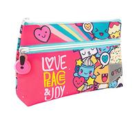 GO POP - Trousse avec 2 Poches féminines - Sac d'école pour Papeterie, Crayons, Crayons et marqueurs, avec Poche Frontale Pratique, 22 l x 14 h x 6 p cm, Fantaisie, dim 22 x 6 x 14 cm, Love & Peace