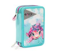 GO POP - Trousse Triple école Turtle Bloom avec 3 Fermetures éclair et 3 Compartiments, Contient 18 Crayons de Couleur, 18 feutres et Autres Objets Pratiques pour l'école, 13 l x 19,5 h x 6,5 p