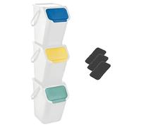 Go Practic Lot de 3 poubelles et 3 filtres à charbon bioactif, boîte empilable, couvercle à clic, système de tri des déchets, poubelle avec couvercle, 3 couleurs, 25 l chacune, blanc