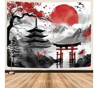 GOAOK Tapisserie d'anime japonais, fleur de cerisier japonaise, florale, montagne, soleil, asiatique oriental, art abstrait, tapisserie murale à suspendre pour homme, rouge et noir, grande tapisserie