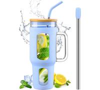 Gobelet 1,4 L avec Poignée, Couvercle Bambou & Pailles bleu clair Vendos85