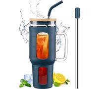 Gobelet 1,4 L avec Poignée, Couvercle Bambou & Pailles bleu foncé Vendos85