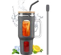 Gobelet 1,4 L avec Poignée, Couvercle Bambou & Pailles gris Vendos85