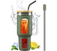 Gobelet 1,4 L avec Poignée, Couvercle Bambou & Pailles vert Vendos85