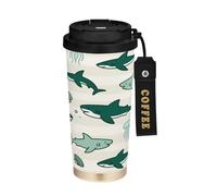 Gobelet à café de voyage avec couvercle en acier inoxydable pour boissons chaudes et froides, motif animal, poisson, requin, vert, beige, étanche 500 ml