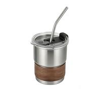 Gobelet à Café en Acier Inoxydable avec Paille et Manchon Aspect Bois, 10oz/300ml Mug Thermos Mug Isotherme Cafe Tasse de Voiture avec Couvercle pour Espresso, Boissons et Thé