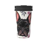 Gobelet à café isotherme à double paroi en acier inoxydable avec imprimé bouledogue français et fleurs, 500 ml, pour boissons chaudes et froides, parfait pour les déplacements, le bureau, la maison