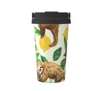 Gobelet à café isotherme à double paroi en acier inoxydable avec imprimé paresseux mignons sur citrons jaunes, 500 ml, tasse de voyage étanche à double paroi, boissons chaudes et froides, parfait pour