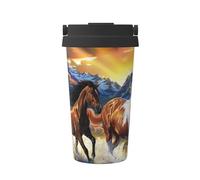 Gobelet à café isotherme à double paroi en acier inoxydable avec motif chevaux de course - 500 ml - Pour boissons chaudes et froides - Parfait pour les déplacements, le bureau, la maison