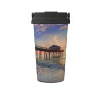 Gobelet à café isotherme à motif coucher de soleil sur le pont de plage, 500 ml, tasse de voyage étanche en acier inoxydable, double paroi, boissons chaudes et froides, parfait pour les déplacements