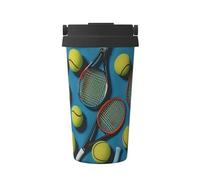 Gobelet à café isotherme amusant en acier inoxydable, à double paroi, pour boissons chaudes et froides, 500 ml, motif raquettes de tennis et balles de tennis, parfait pour les déplacements, le bureau