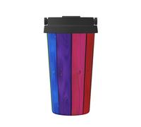 Gobelet à café isotherme avec fond en bois coloré arc-en-ciel, 500 ml, tasse de voyage en acier inoxydable, à double paroi, boissons chaudes et froides, parfait pour les déplacements, le bureau, la