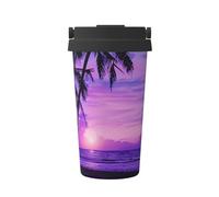 Gobelet à café isotherme en acier inoxydable avec motif palmier violet coucher de soleil, 500 ml, tasse de voyage étanche, à double paroi, boissons chaudes et froides, parfait pour les déplacements