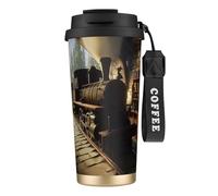 Gobelet à café isotherme unique personnalisé - Tasse de voyage en acier inoxydable de 500 ml, parfaite pour les boissons chaudes et froides. Le train circule dans une taverne médiévale noire