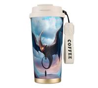 Gobelet à café isotherme unique personnalisé - Tasse de voyage en acier inoxydable de 500 ml, parfaite pour les boissons chaudes et froides, motif dragon art, blanc