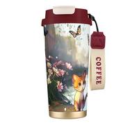 Gobelet à café isotherme unique personnalisé - Tasse de voyage en acier inoxydable de 500 ml, parfaite pour les boissons chaudes et froides, motif papillon et chat, rouge