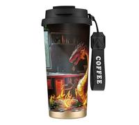 Gobelet à café isotherme unique personnalisé - Tasse de voyage en acier inoxydable de 500 ml, parfaite pour les boissons chaudes et froides, motif dragon flamme, noir