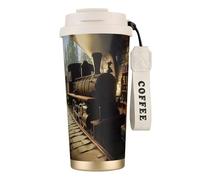 Gobelet à café isotherme unique personnalisé - Tasse de voyage en acier inoxydable de 500 ml, parfaite pour les boissons chaudes et froides. Le train circule dans une taverne médiévale blanche