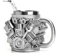 Gobelet à Café Mécanique en Acier Inoxydable V8 Creative 3D Car Moteur Design Eau Masse Gobelet de Café Mécanique Tasse à Eau Isotherme à Double Paroi avec Poignée pour Amateurs de Voiture 250ml