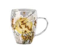 Gobelet à double paroi en verre - Tasse à café à fleurs séchées, 350 ml, design anti-brûlure, corps transparent résistant à la chaleur, poignée facile | Élégant pour le thé, le jus de chocolat, les
