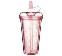 Gobelet à eau avec paille, gobelet à double paroi avec couvercle et paille, 420 ml / 14,2 oz tasse de paillettes fuites avec des pailles, tasse d'eau portable avec paille et couvercle, rouge clair