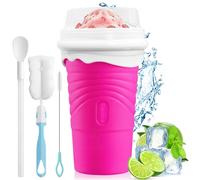 Gobelet à Glace Pétrir 500ml en Silicone, avec Cuillère Paille Brosse(Rose) | Tasse Slushy Maker Réutilisable pour Smoothie, Granité, pour Maison, Pique-nique, Camping