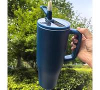 Gobelet à paille de 1200 ml avec bouchon à rabat avec poignée pour porte-gobelet de voiture, tasse à eau anti-fuite en acier inoxydable 304 - Bouteille d'eau de voyage... (Storm Blue)