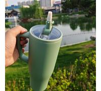 Gobelet à paille de 1200 ml avec bouchon à rabat avec poignée pour porte-gobelet de voiture, tasse à eau anti-fuite en acier inoxydable 304 - Bouteille d'eau de voyage... (Nouvelle version vert)