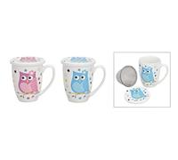 Gobelet à thé Hibou avec couvercle et passoire en métal assorti 300 ml 10cm blanc/rose/bleu